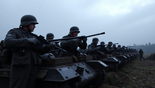 Line of participants in Military Reenactment Uniforms aiming rifles from vintage tanks on foggy field