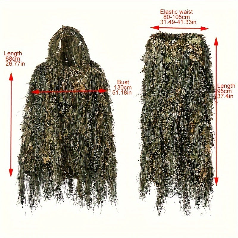 3D leaf camouflage suit with hood and elastic waist designed for military and outdoor use