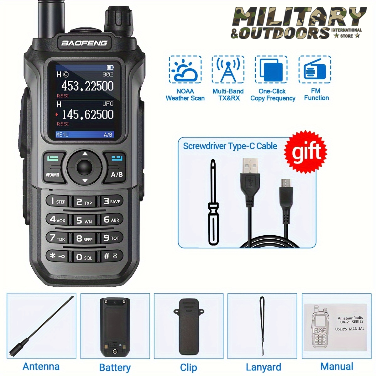 Baofeng UV-21 PRO V2 Walkie Talkies with NOAA weather scan, multi-band TX RX, FM function, and included accessories