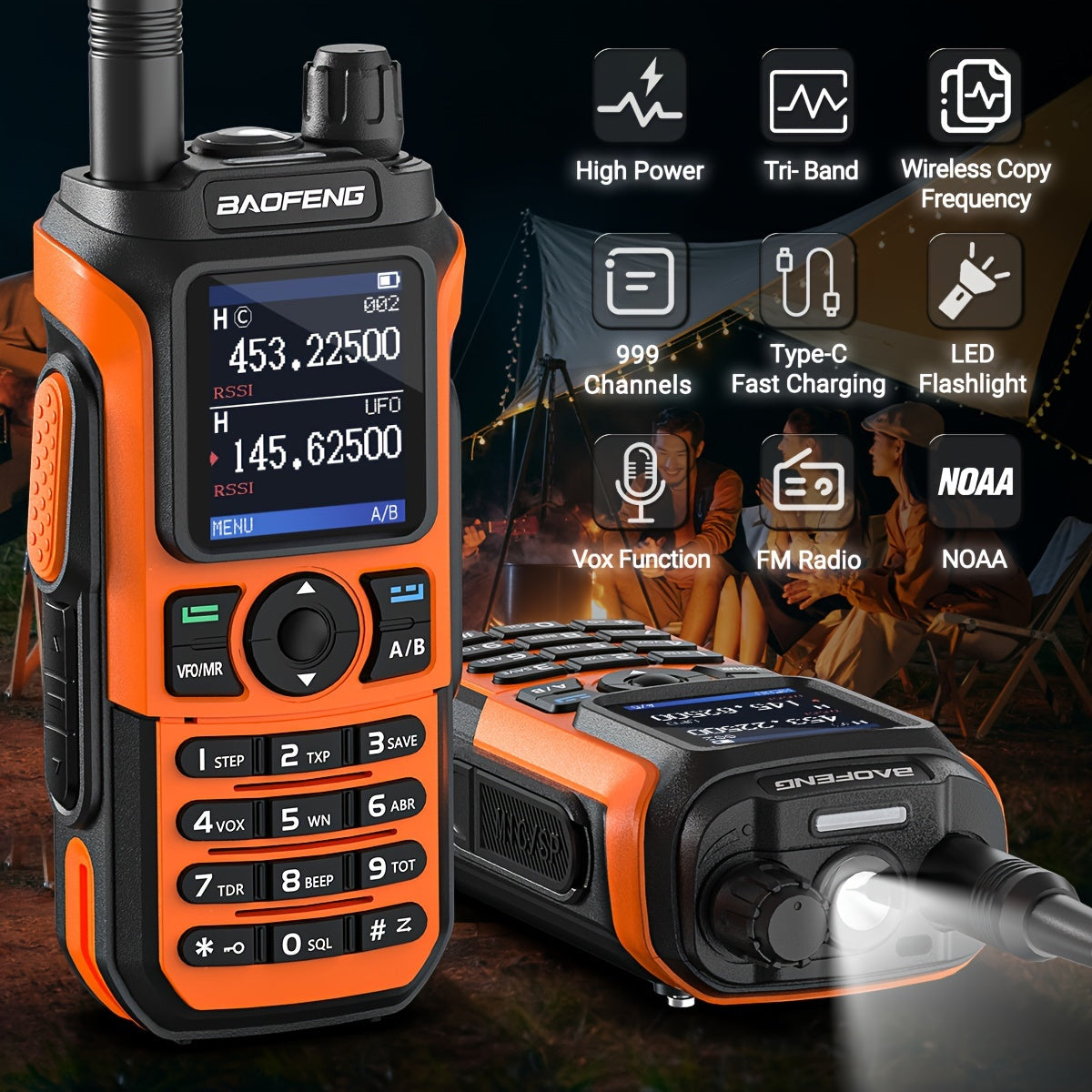 Baofeng UV-21 PRO V2 Walkie Talkies in black and orange with high power, tri-band, LED flashlight, and Type-C fast charging