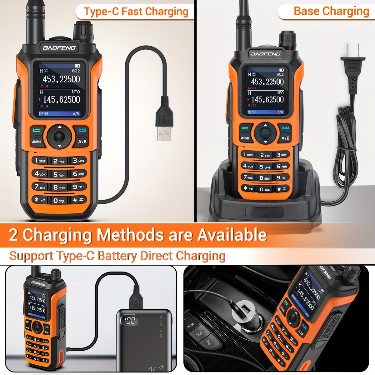 Baofeng UV-21 PRO V2 Walkie Talkies showing type-C fast charging and base charging options