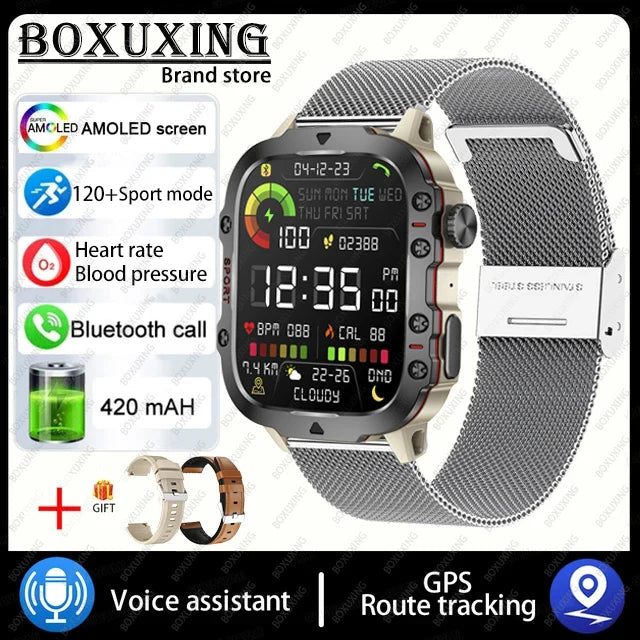 Military Smart Watch With Health Monitor Silver mesh belt Outdoor Sports Watch Watch