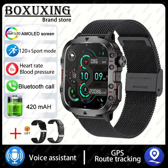 Military Smart Watch With Health Monitor Black mesh belt Outdoor Sports Watch Watch