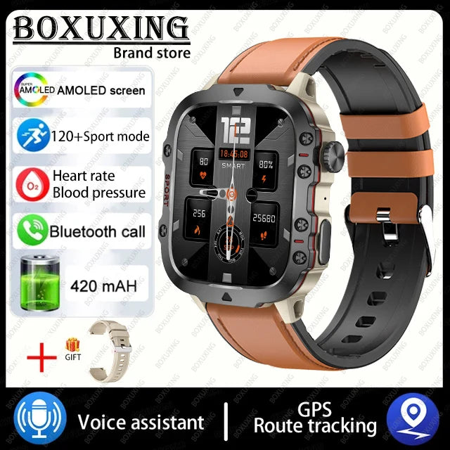 Military Smart Watch With Health Monitor Belt brown 1 Outdoor Sports Watch Watch