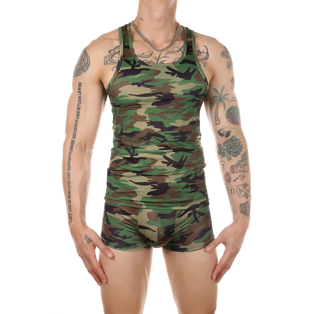 Camo mens underwear vest and matching boxer briefs in green camouflage pattern by Military-Outdoors.com