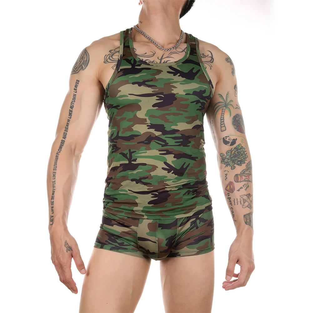 Camo mens underwear vest with matching camouflage shorts on a tattooed male model