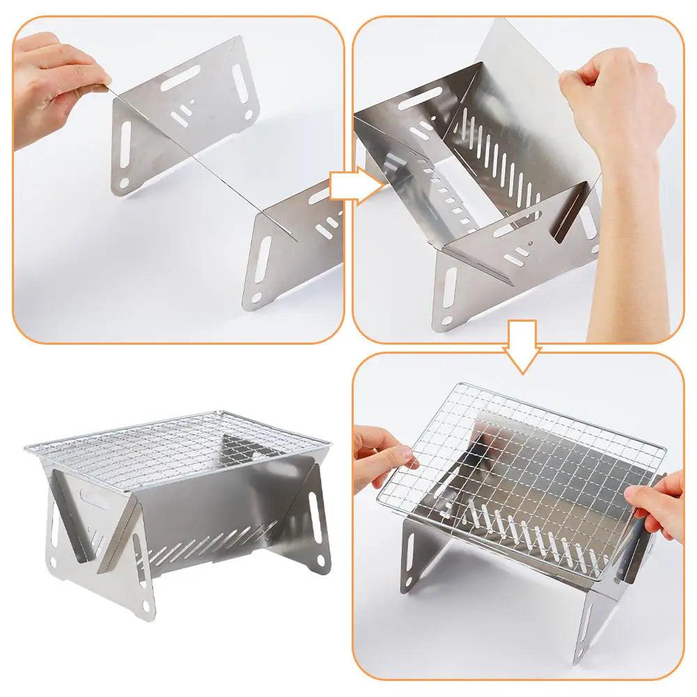 Military Outdoors stainless steel portable folding grill being assembled with removable cooking grate for camping