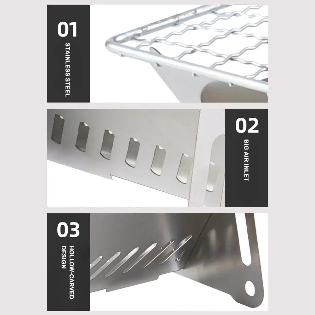 Military Outdoors portable folding grill stainless steel rack with big air inlets and hollow carved design