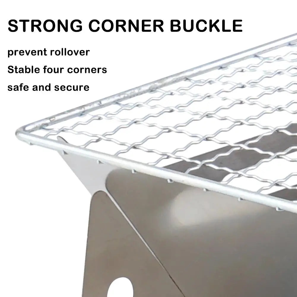 Military Outdoors portable folding grill stainless steel corner buckle and mesh cooking grate close up