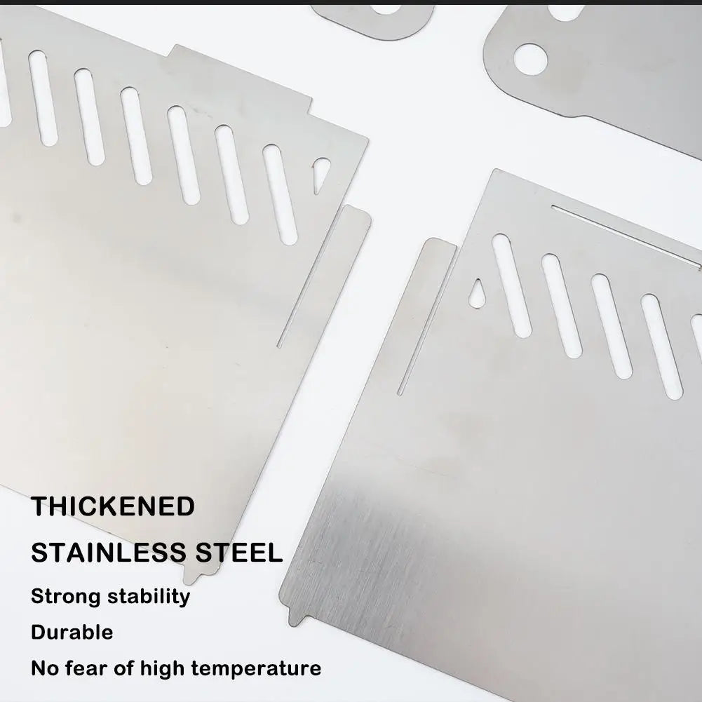 Portable folding grill stainless steel panels close up with vent slots and thickened construction for camping