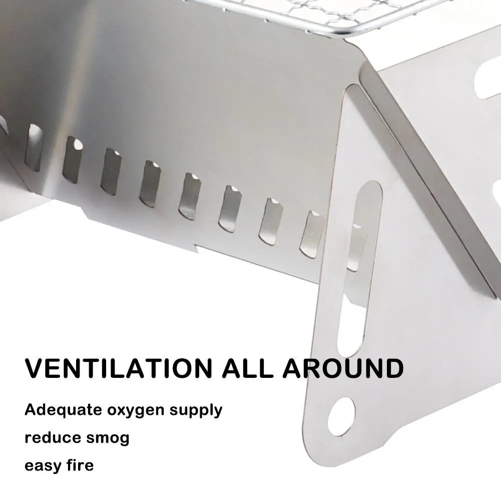 Military Outdoors portable folding grill stainless steel camping grill with ventilation slots and foldable legs