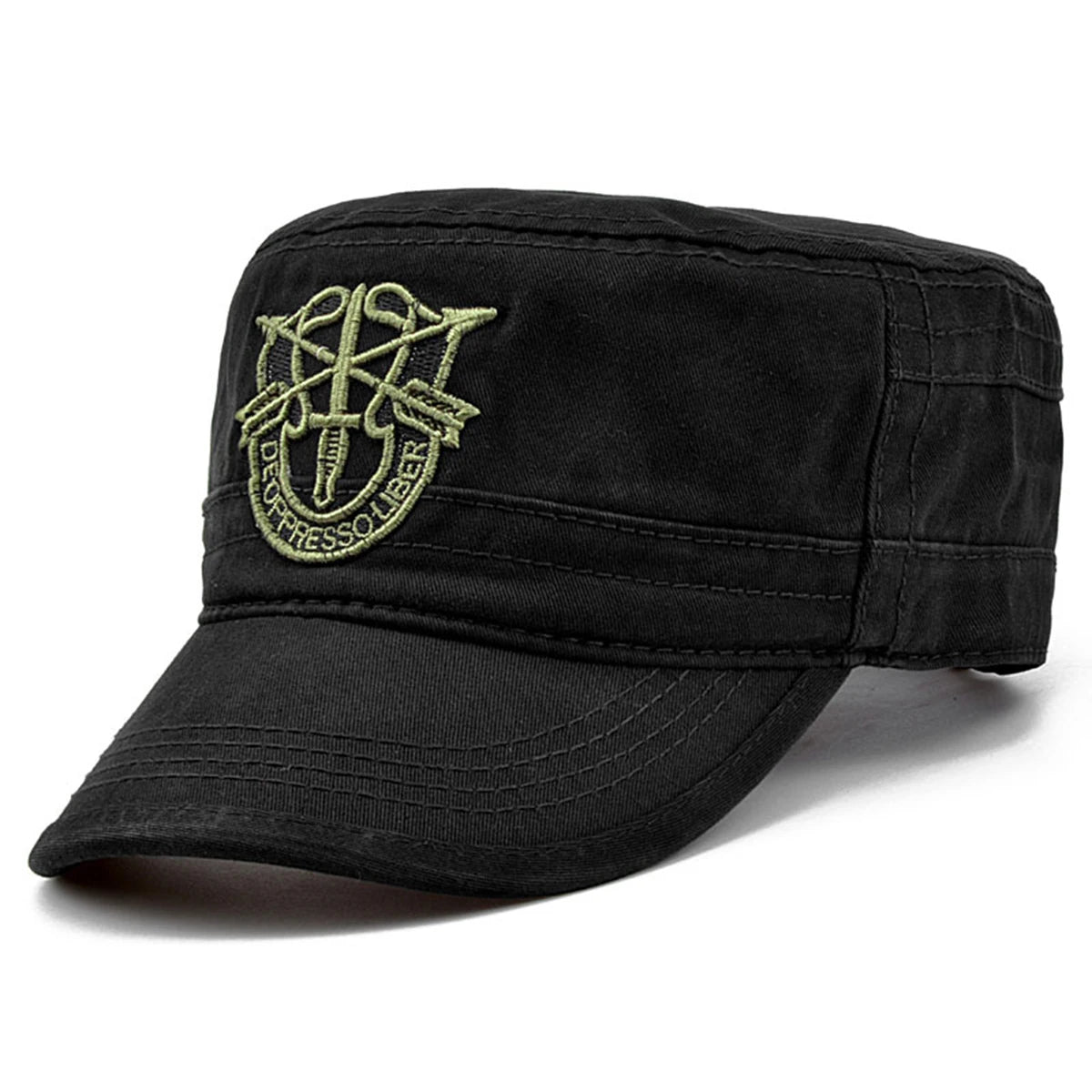 Military Outdoors black cotton cadet cap with olive embroidered emblem adjustable back strap special forces cap