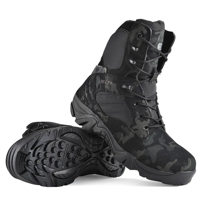 Military-Outdoors.com Delta Squad ankle boots in black camo tactical design with rugged sole
