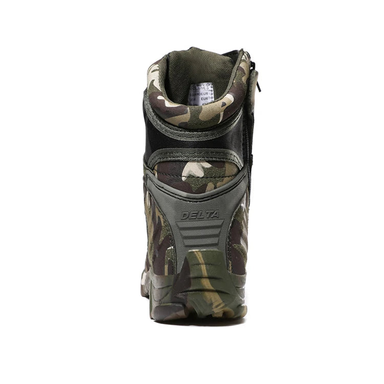 Rear view of Military-Outdoors.com Delta Squad ankle boots in camo with durable sole and ankle support