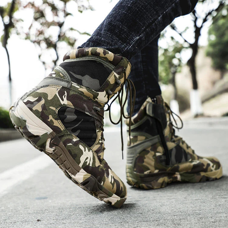 Camouflage Delta Squad ankle boots from Military-Outdoors.com worn outdoors with laces tied