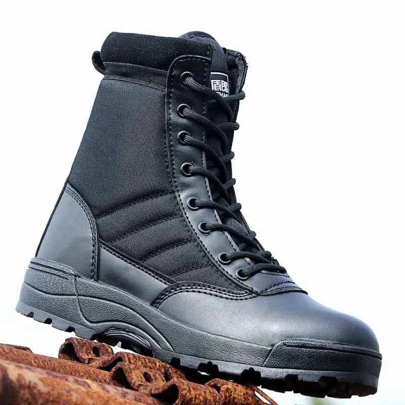 Black desert tactical military boots with durable leather and fabric upper for outdoor use