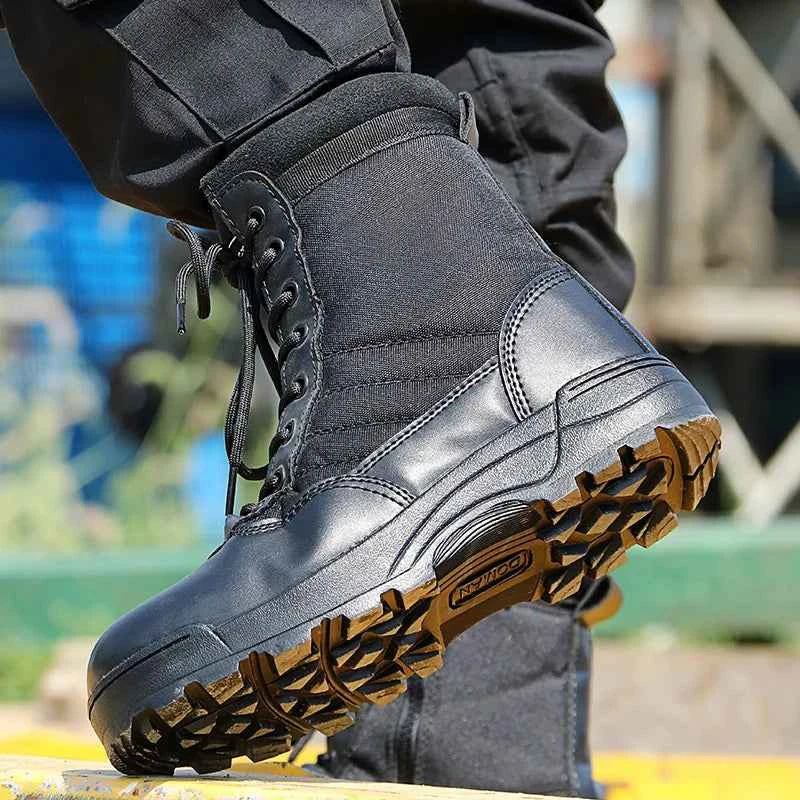 Black desert tactical military boots with rugged sole designed for outdoor and military use