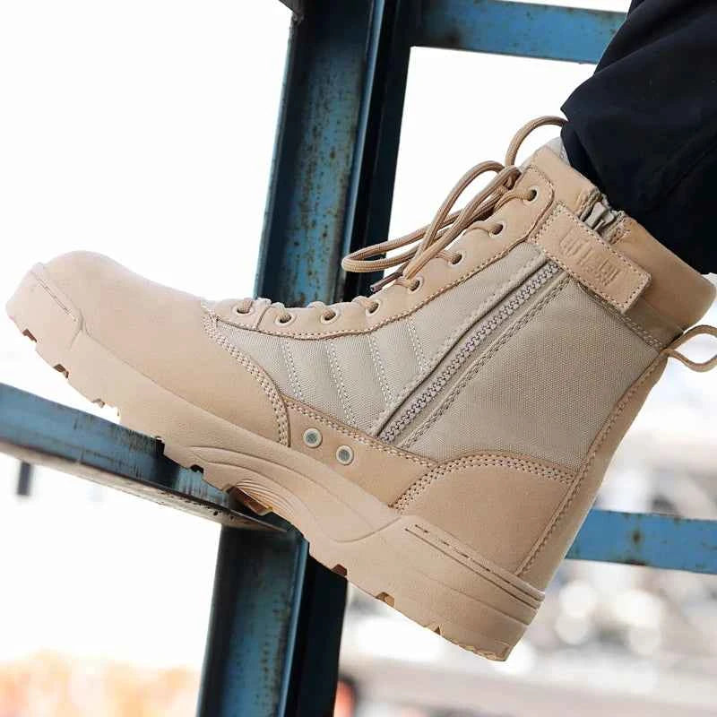 Desert tactical military boots in tan color with side zipper and lace-up design for durability