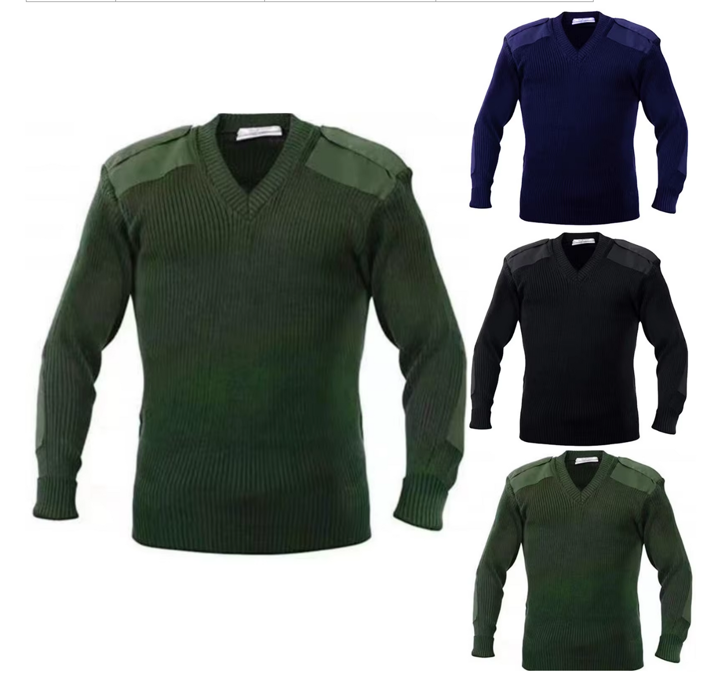 tactical army sweater V neck knit with reinforced shoulder patches shown in green black navy olive for field use