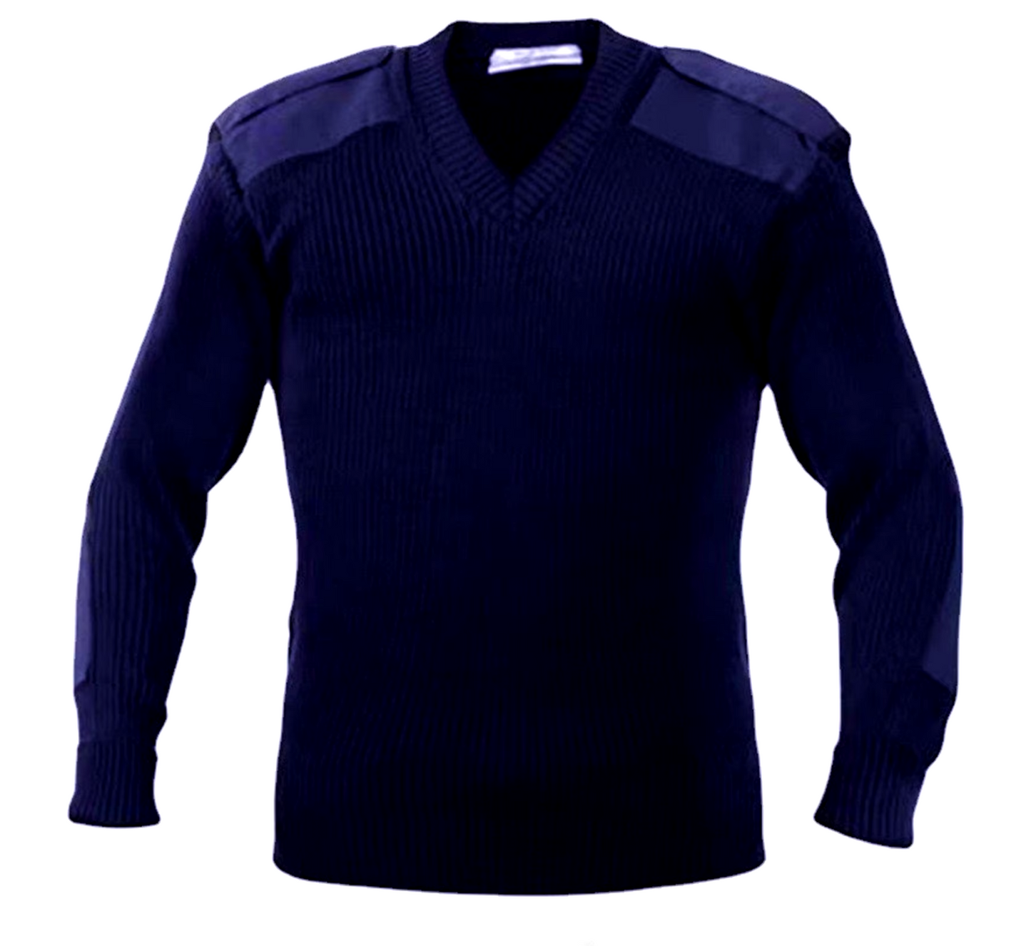 Navy V neck tactical army sweater with reinforced shoulder patches and ribbed knit long sleeves