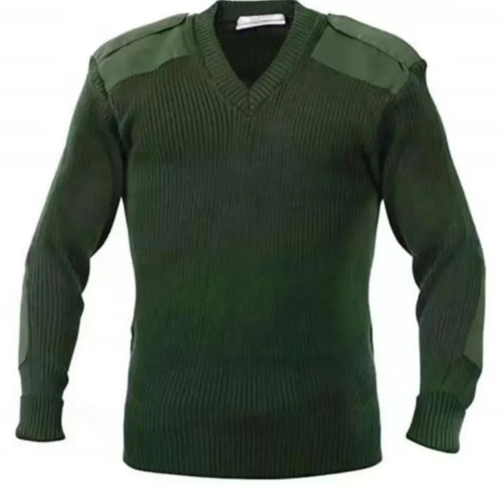 Military Outdoors olive green tactical army sweater V neck knit with reinforced shoulder patches and ribbed cuffs