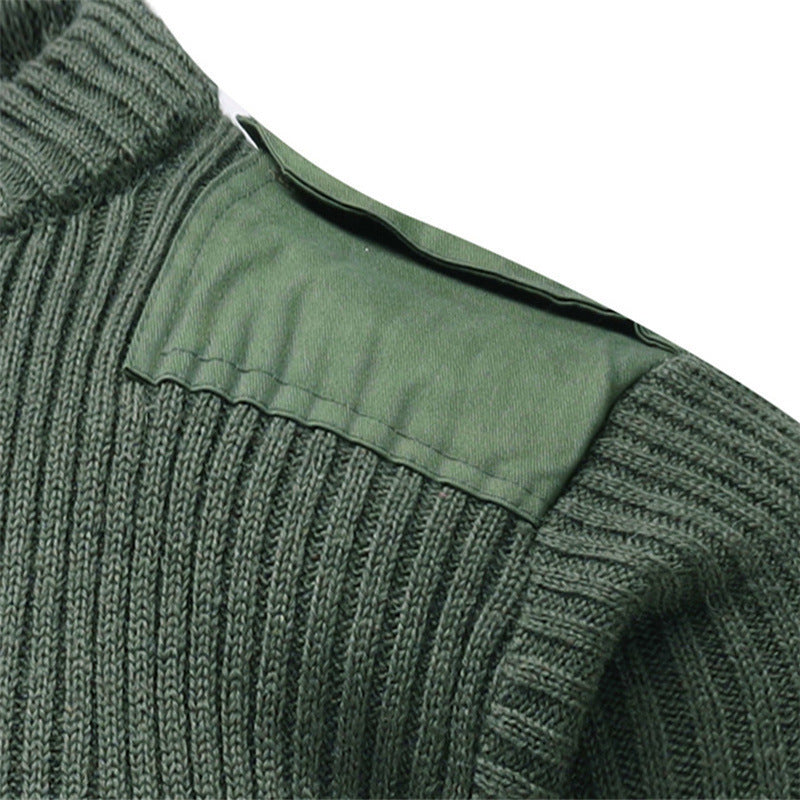 Olive green ribbed knit tactical army sweater with shoulder epaulet and high collar for cold weather