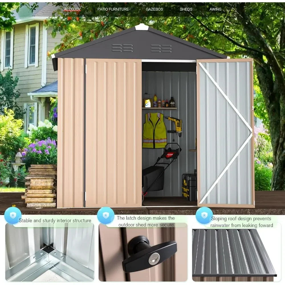 6x4 outdoor storage shed metal garden shed with double doors open showing lawn mower tools and safety vest