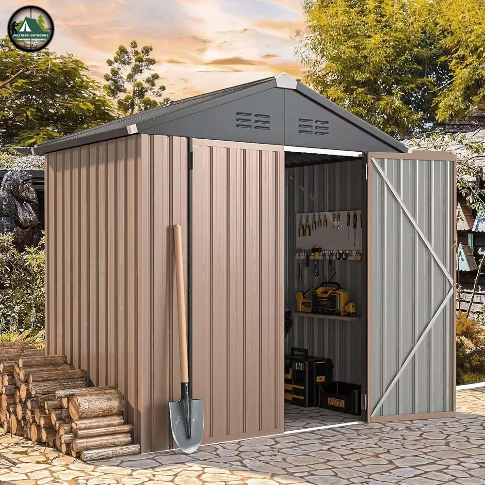 6x4 outdoor storage shed metal garden shed with open double doors showing tools and shovel