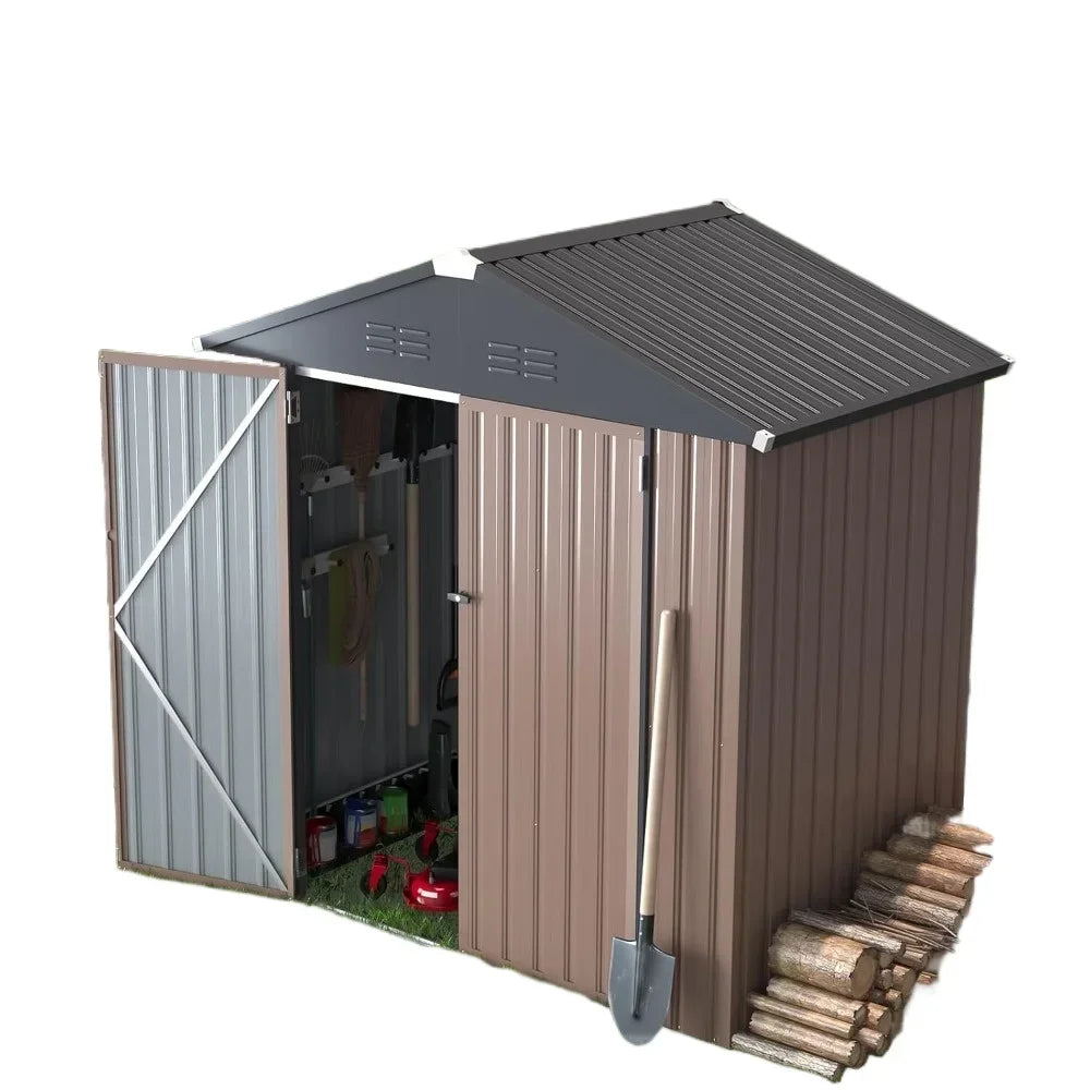 6x4 outdoor storage shed brown metal with open double door showing tools inside shovel leaning outside and stacked firewood