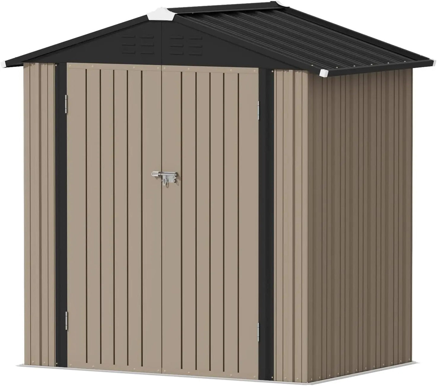 6x4 outdoor storage shed tan metal vertical panels black gable roof double doors with padlock hasp