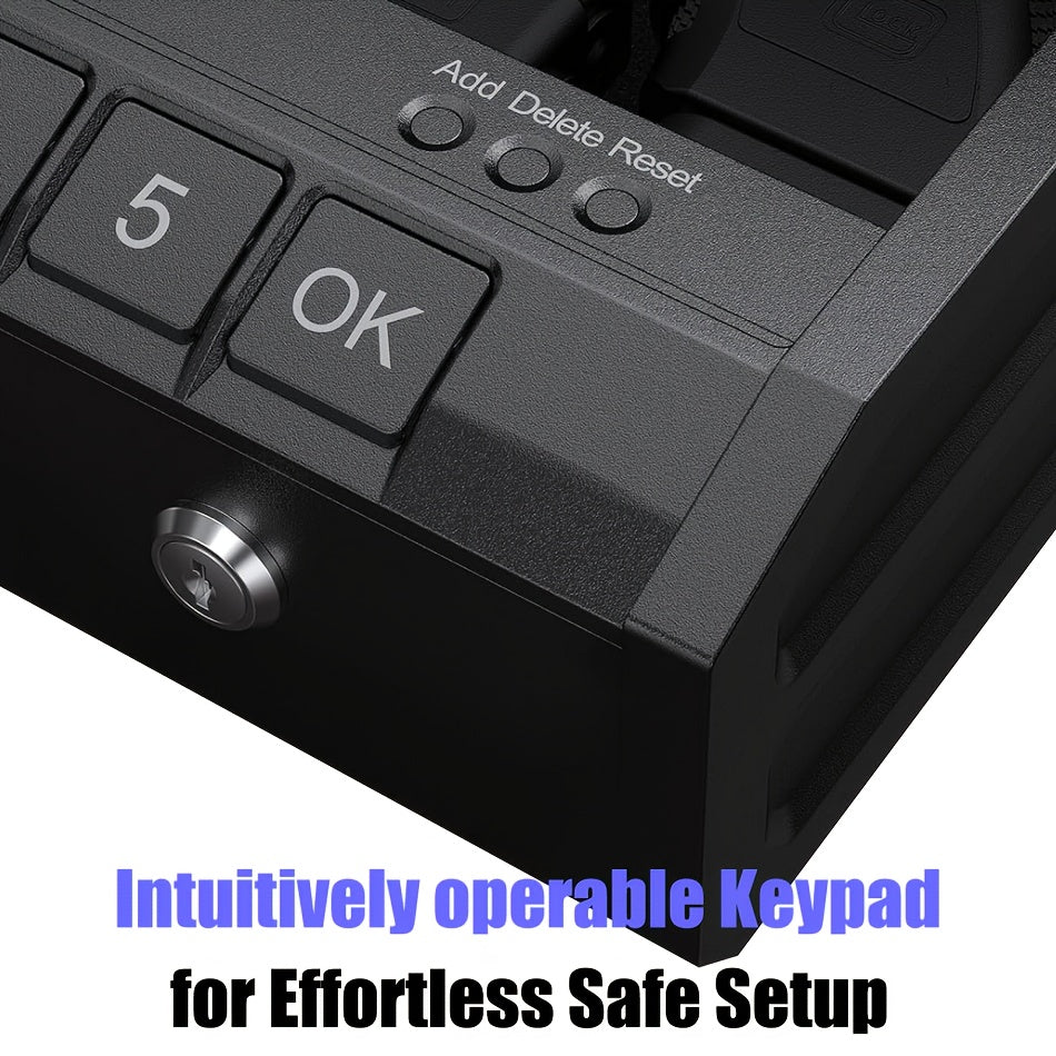 Biometric gun safe for pistols with intuitive keypad featuring numeric buttons and key lock