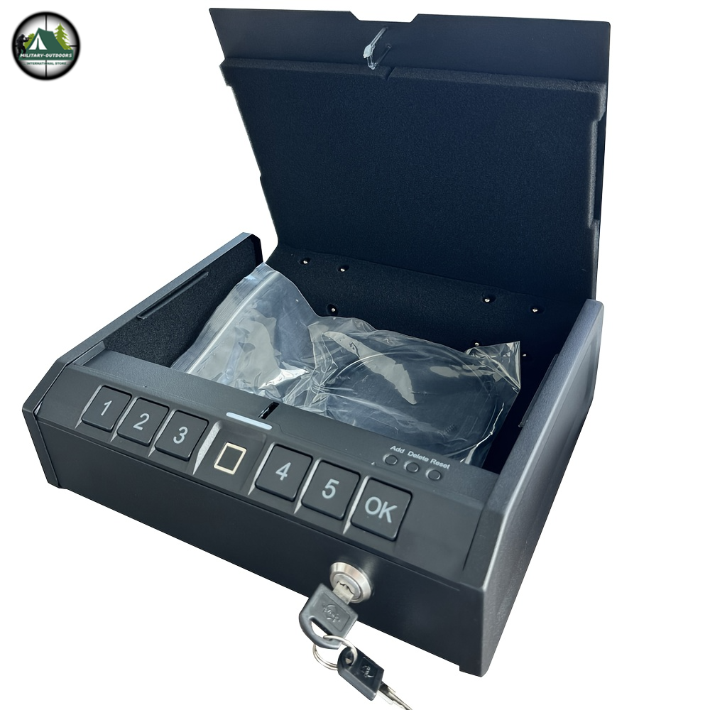 Biometric gun safe for pistols with keypad and key lock open showing soft interior