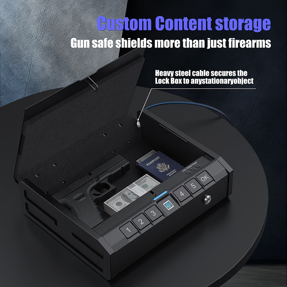 Biometric gun safe for pistols with keypad and steel cable for secure storage of firearms and valuables