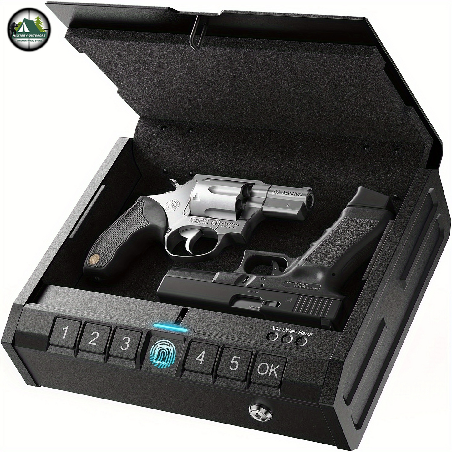Military-Outdoors biometric gun safe for pistols with fingerprint scanner and keypad holding two handguns