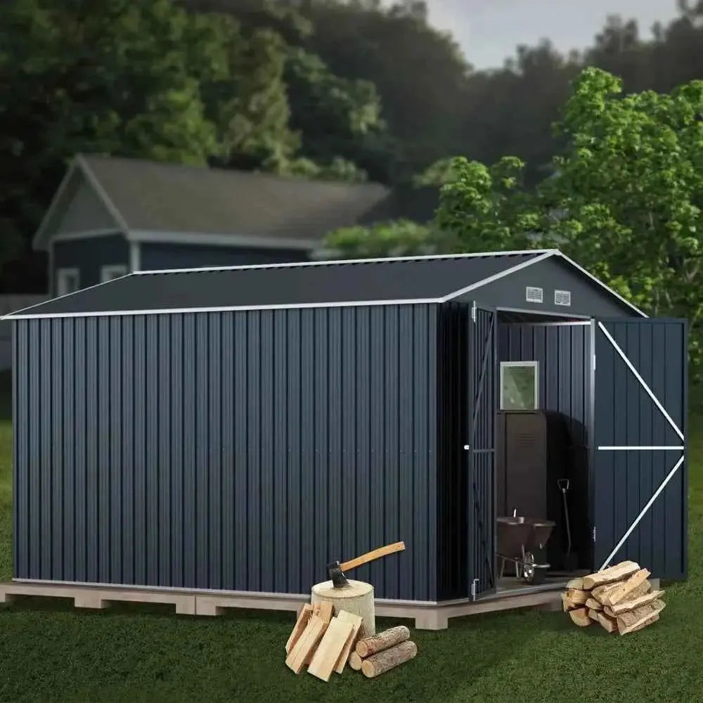 Military-Outdoors.com steel outdoor storage shed with double doors storing garden tools and firewood