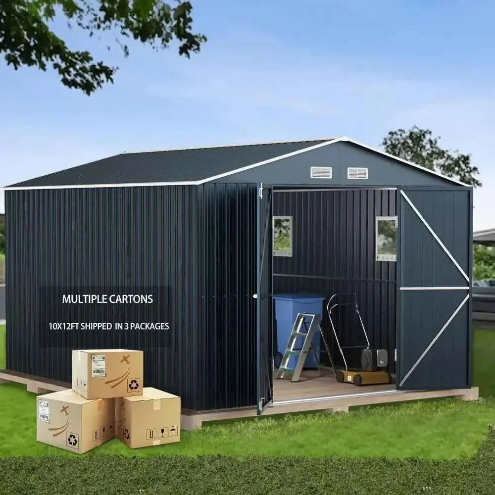 Steel outdoor storage shed in dark gray with open double doors showing interior storage space