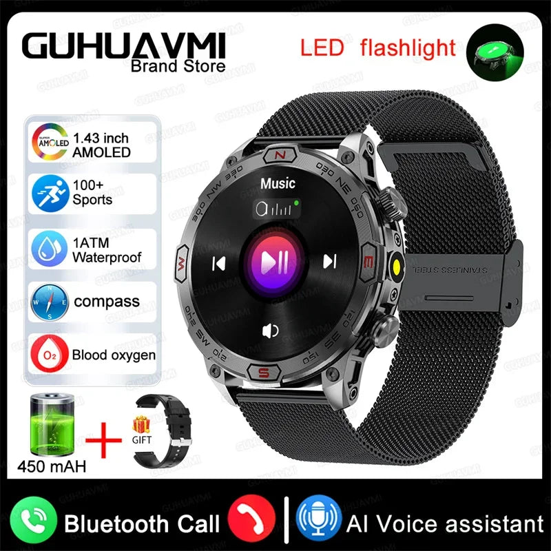 Outdoor Smart Watch With GPS Tracking Black mesh belt LED Lighting Watch