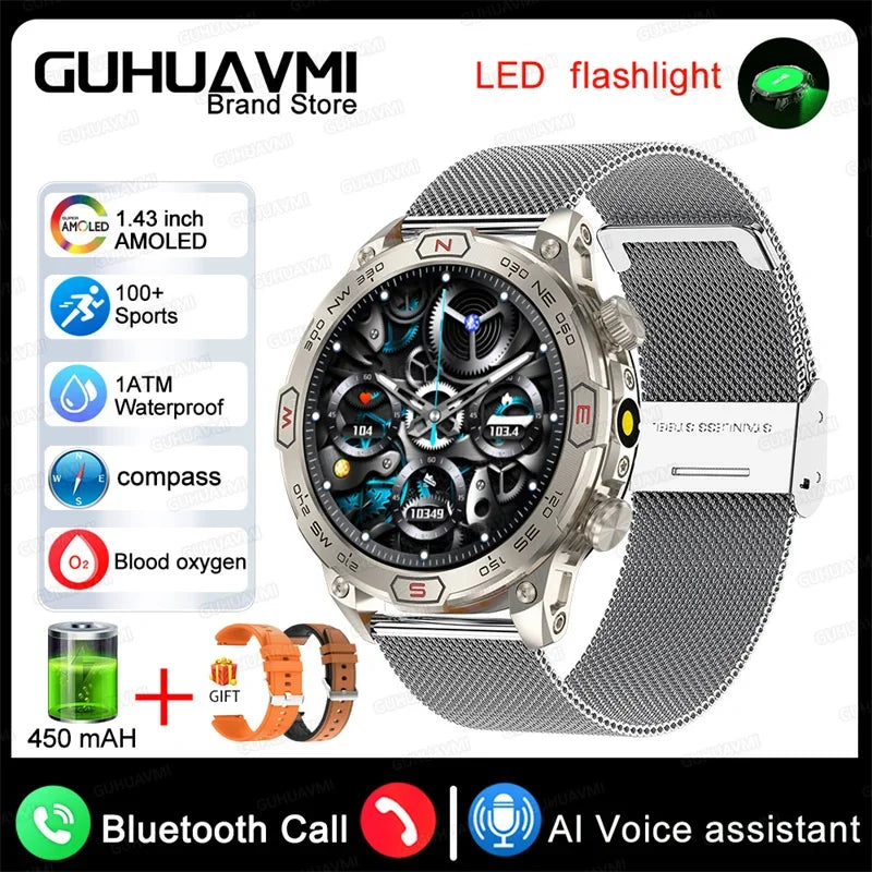 Outdoor Smart Watch With GPS Tracking Silver mesh belt 2A LED Lighting Watch