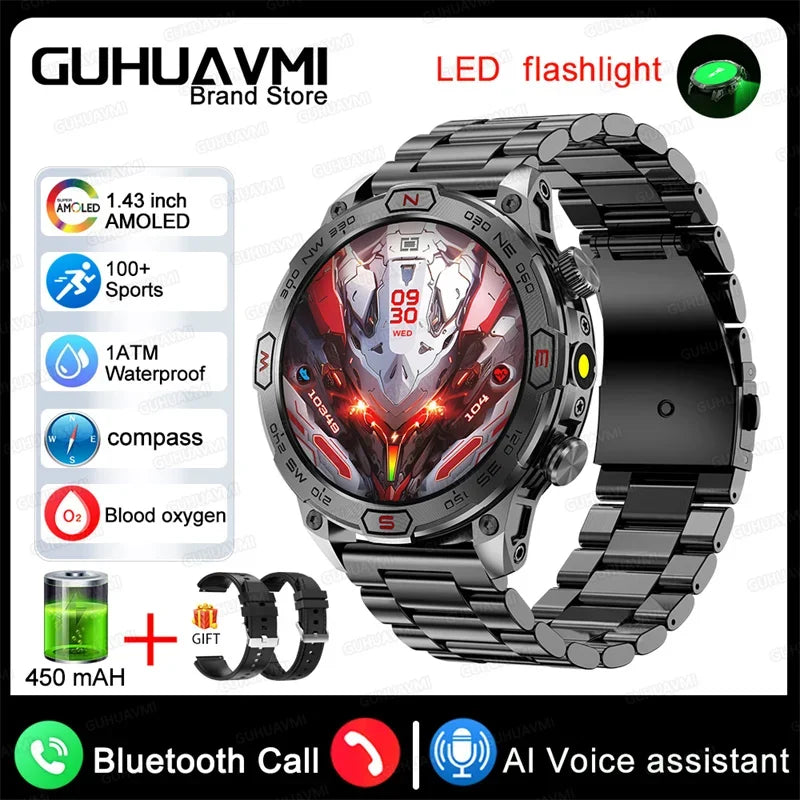 Outdoor Smart Watch With GPS Tracking Black Steel 2A LED Lighting Watch