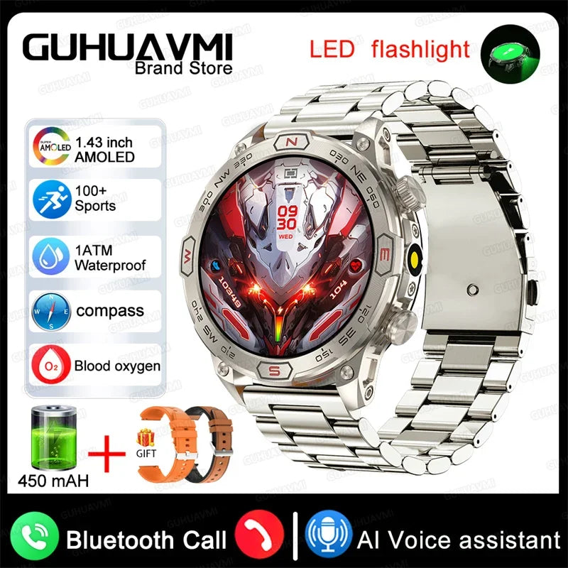 Outdoor Smart Watch With GPS Tracking Silver Steel 2A LED Lighting Watch