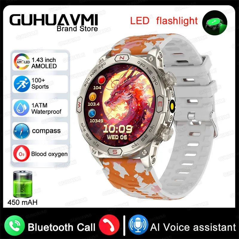 Outdoor Smart Watch With GPS Tracking Orange-camouflage LED Lighting Watch
