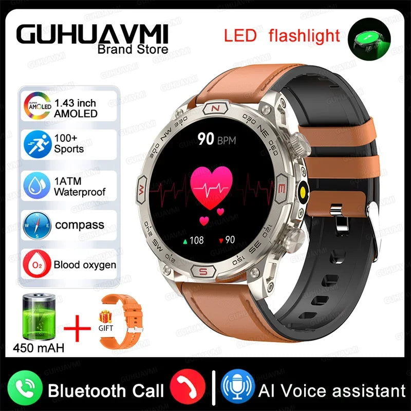 Outdoor Smart Watch With GPS Tracking Brown leather LED Lighting Watch