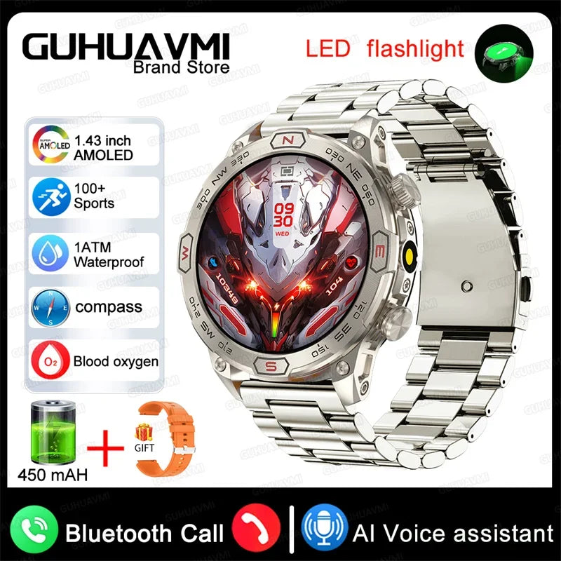Outdoor Smart Watch With GPS Tracking Silver Steel LED Lighting Watch