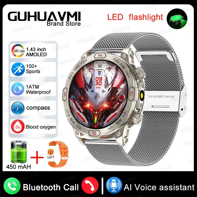 Outdoor Smart Watch With GPS Tracking Silver mesh belt LED Lighting Watch
