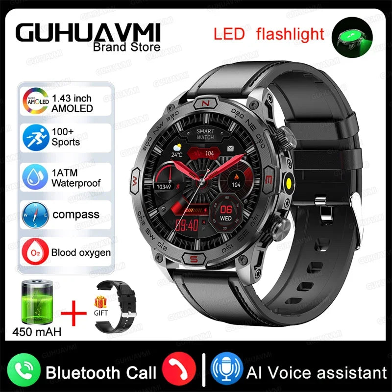Outdoor Smart Watch With GPS Tracking Black leather LED Lighting Watch