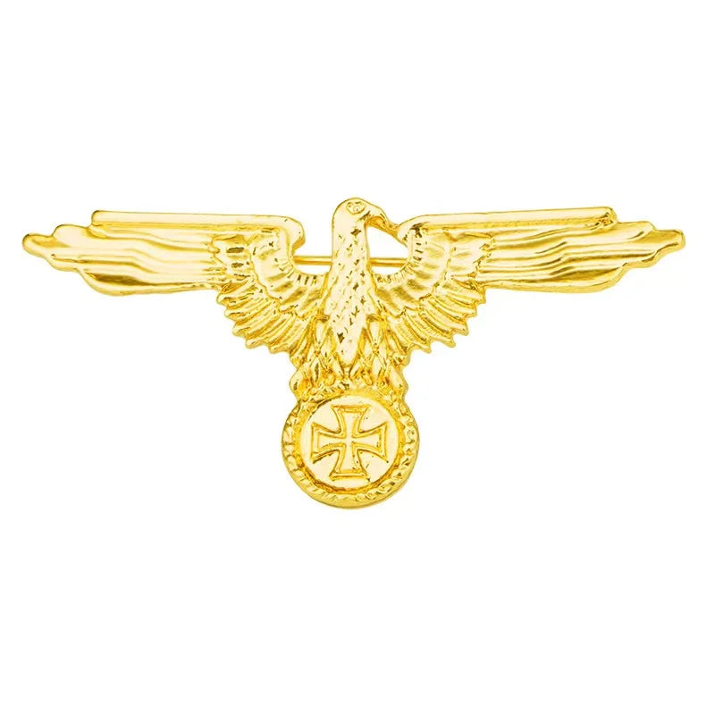 Gold eagle pin replica with cross wreath on white background WW2 German Luftwaffe badges