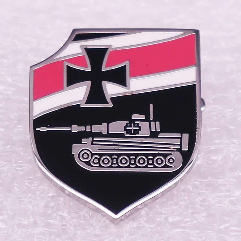 Military Outdoors German Luftwaffe badges shield pin showing iron cross red white stripe and tank silhouette