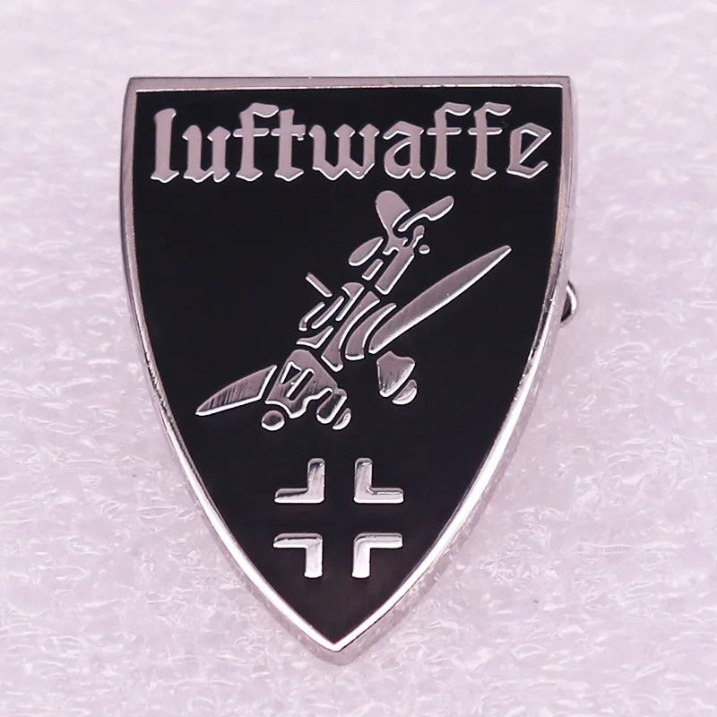 Military Outdoors shield pin badge black enamel with silver WWII style aircraft and luftwaffe script German Luftwaffe badges