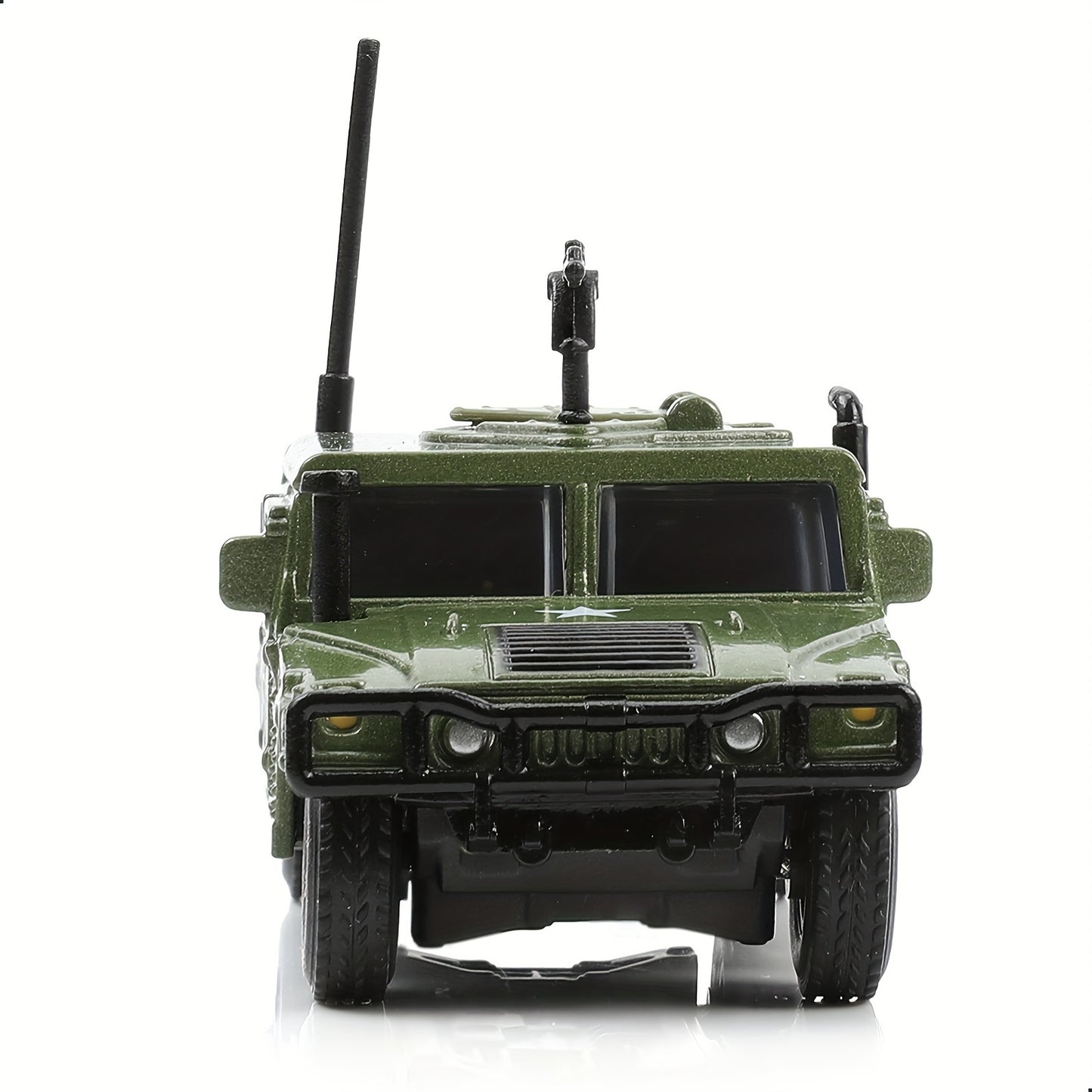 Front view of green Hummer Military Vehicle Model with detailed antenna and rugged tires