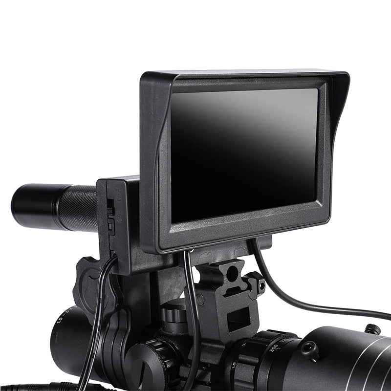 Military-Outdoors.com infrared night vision camera with LCD screen and lens mounted on tactical equipment